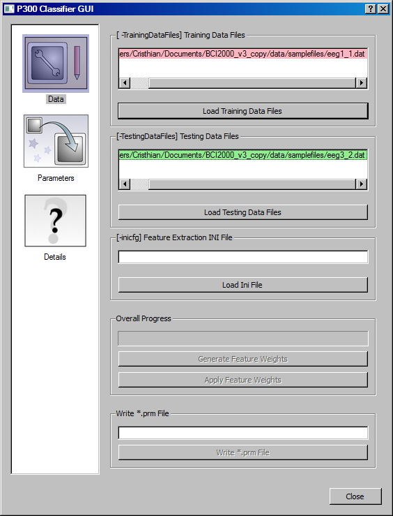 Training data file is not valid; the file is highlighted in pink. Testing data file is valid; the file is highlighted in light green. The Generate Feature Weights button is not enabled until the training data file is valid.