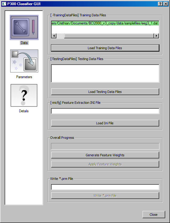 By pressing the Load Training Data Files button it is uploaded the desired BCI2000 training data file. The classifier algorithm is trained by using this training data file.
