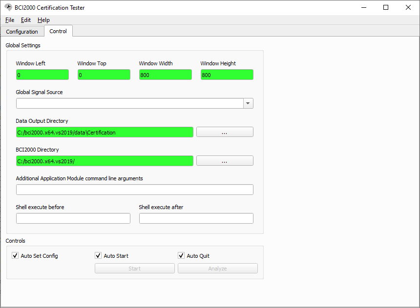 The BCI2000Certification user interface.