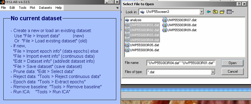 The EEGLabImport program. Multiple files have been selected in this example.