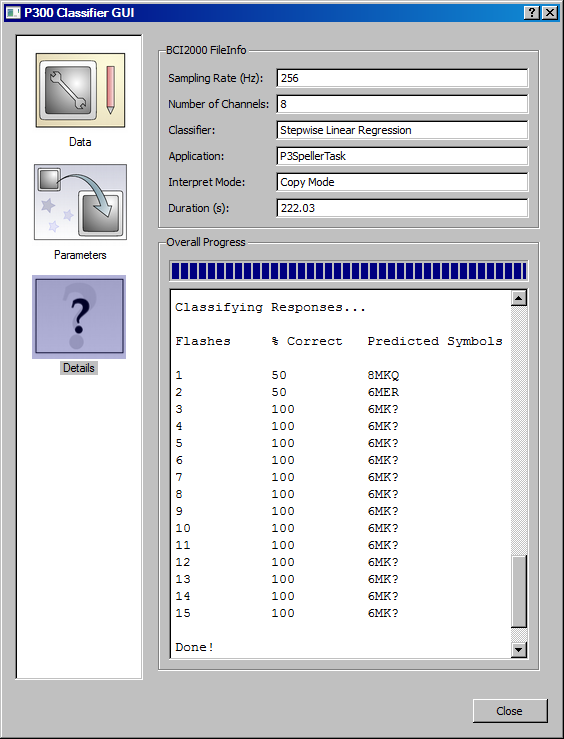Details of the training data file and progress of the classification. Testing feature weights generated from the training data file eeg3_2.dat. There is an overall progress bar in both the Data Pane and Details Pane.