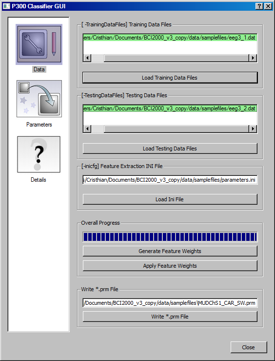 By pressing the Load Testing Data Files button it is uploaded the desired BCI2000 testing data file. The file is colored in light green if valid.