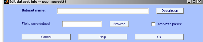 Window to enter the dataset name, and optionally save the file in EEGLAB format.