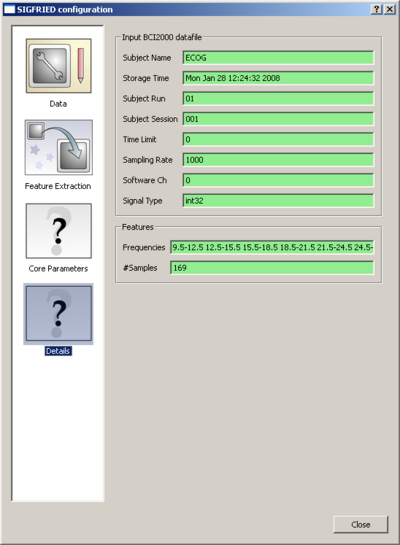 Details Pannel: Shows detailed information about the BCI2000 input data file as well as which and how many features will be extracted.