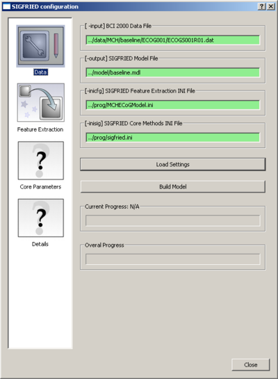 Data panel: Shows that all settings are valid, i.e. that the input file is a valid BCI2000 data files, the ini files are valid and that the outfile can be written.