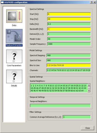 Feature extraction panel showing an error: This indicates that their is a mismatch between the parameters start, stop, bandwidth and bins2use. A closer look shows that the number of bins defined in bins2use exceeds the range defined by start, stop, bandwidth.