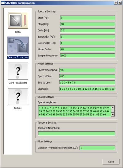 Feature Extraction panel: Shows that all settings and their dependencies are valid.