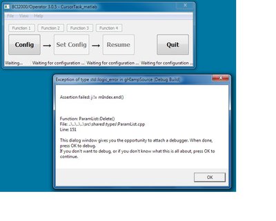 Dear Griffin<br />Thanks a lot for your 64bit g.HIamp.exe file. That error solved but a new one appeared when I clicked on the Set Config. I think this is just due to the other exe files that are not suitable for 64 bit system operator. Because I checked the BCI2000 with my laptop (win 32bit) and worked correctly, but on the laboratory’s system (64bit) shows me the error that have attached.<br />Thanks<br />Amin